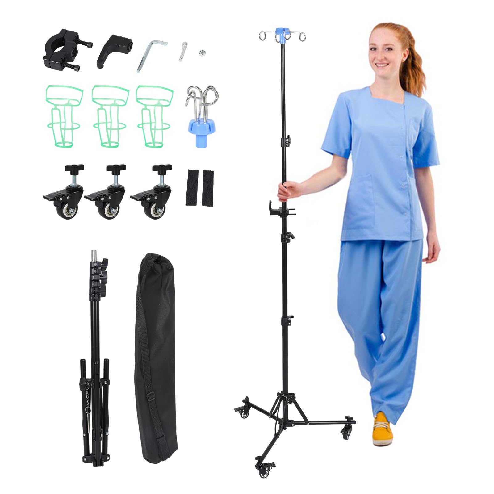 Supporto per infusione con ruote e ganci, pieghevole, regolabile in altezza, con 4 ganci e 3 ruote, supporto portatile per infusione per ospedale, assistenza domiciliare e in viaggio (con ganci)