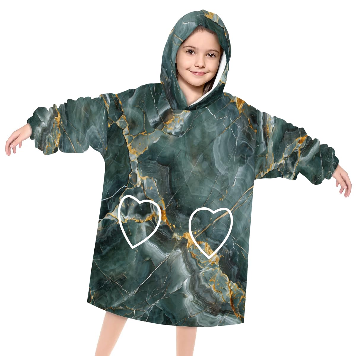 Pardick Wearable Blanket Hoodie for Kids, Green Gold Marble Fleece Sweatshirt Blanket Oversized Blanket Sweatshirt with Pocket Flannel Warm Hooded Blanket 6-10 Year Old Girl Boy Gift, One Size