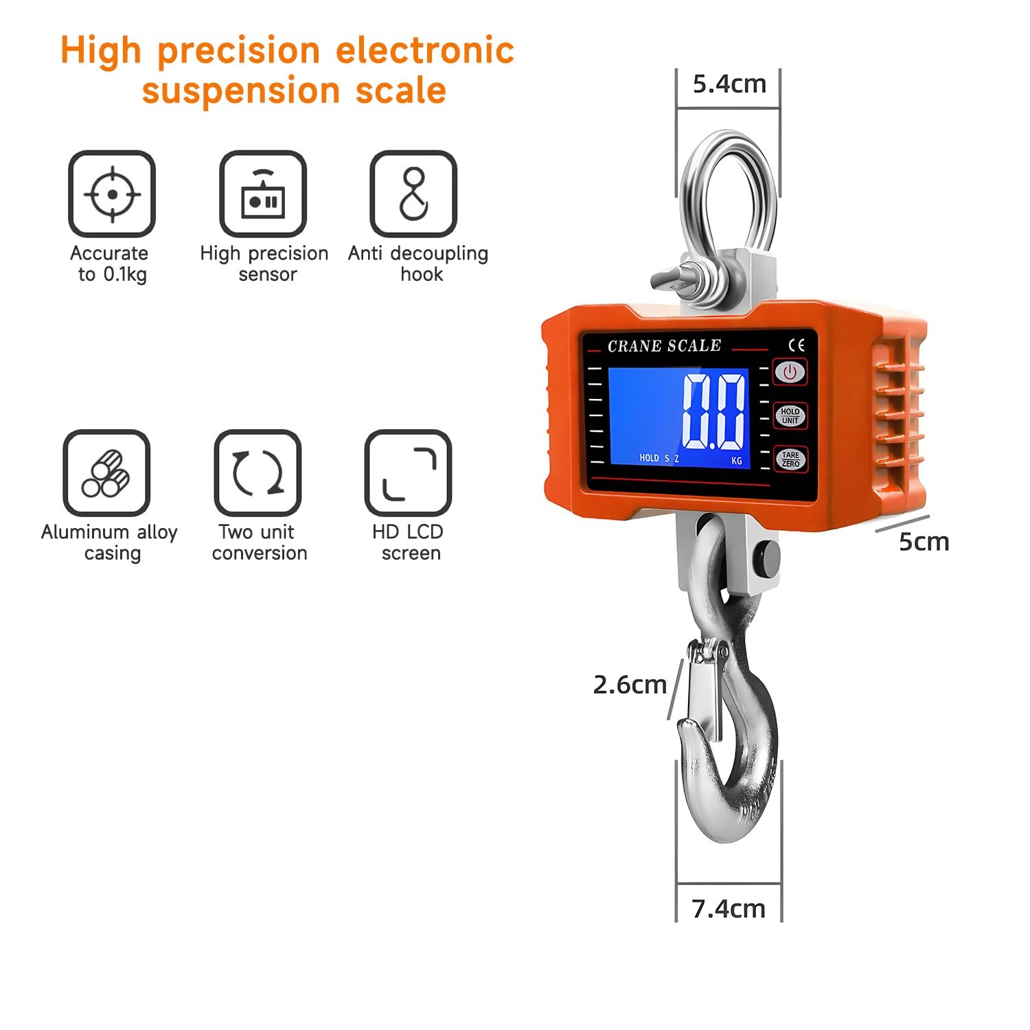 QUMOX Balance suspendue numérique 1000 kg avec télécommande – Boîtier robuste en alliage d'aluminium, crochet en acier fin, écran LCD rétroéclairé, alimentation par piles,Orange