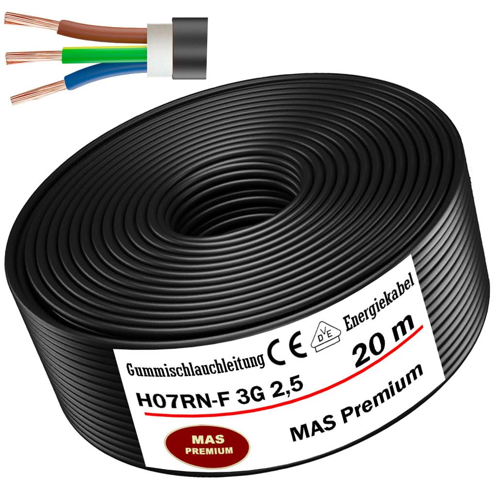 MAS Premium Wąż gumowy, 5-100 m, kabel zasilający do budowy H07RN-F 3G 1, 3G 1,5, 3G 2,5, 3G 4, 3G 6, 3G 10 lub 3 x 1,5, elastyczny przewód do ciężkich urządzeń (H07RN-F 3G2,5 mm², 20 m)