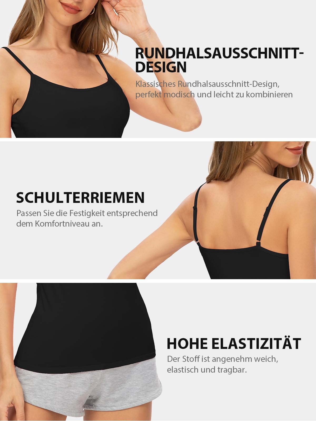 Lot de 4 débardeurs réglables pour femme - Bretelles spaghetti - Basic Camisole - Ultra doux - Superposition