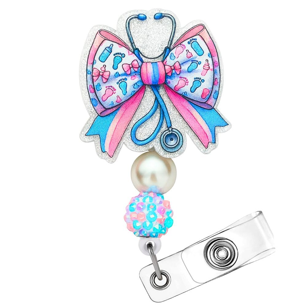 Labor and Delivery Badge Reel Pastel Ribbon Stethoscope Cute Bottle Footprint Nurse ID Name Holder Retractable Clip Medical Work Accessories Gifts for Maternity NICU OB Pediatric Postpartum Midwife