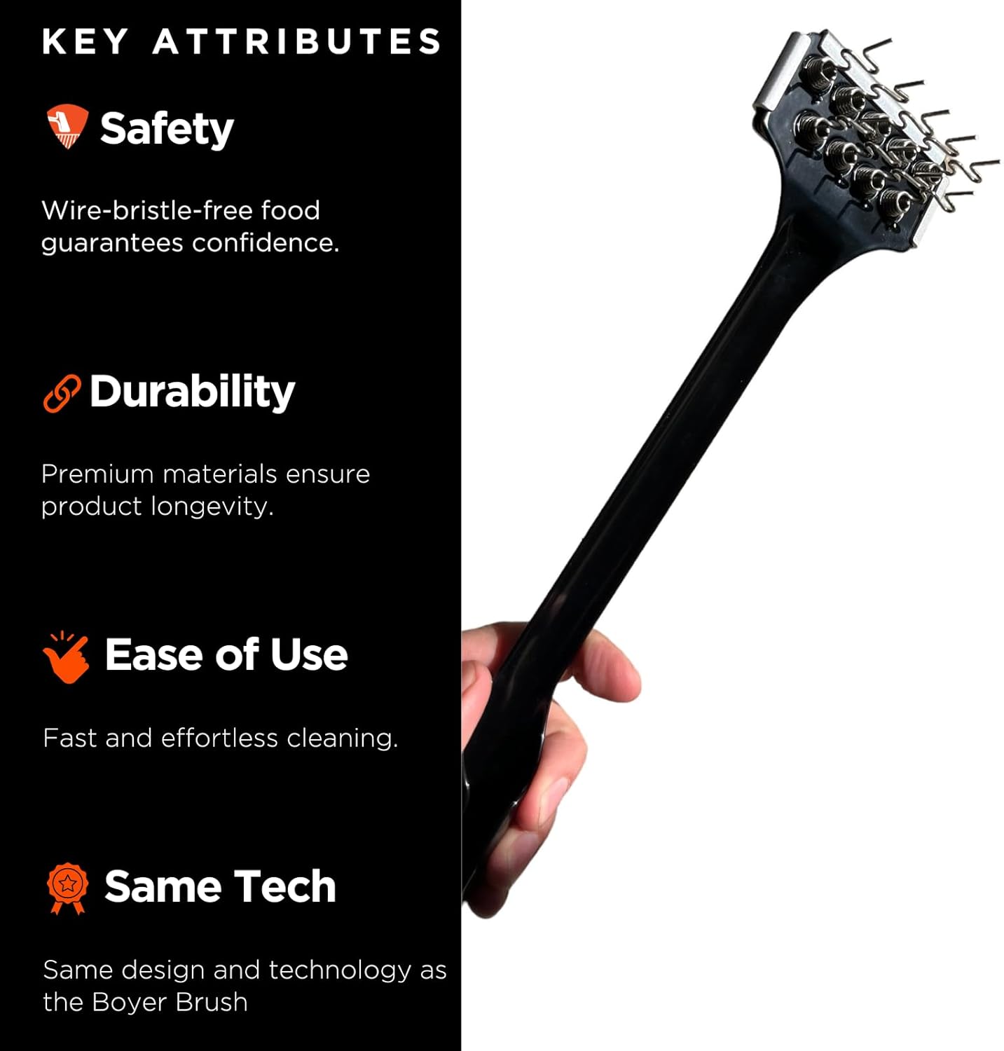 Boyer Brush Mini - The Safest Grill Brush, Wire-Bristle Free, All-Metal Construction, Cold Rolled Steel Body, Stainless Steel Wire Spring Coil, Fire Resistant (Black, Orange, Metal)