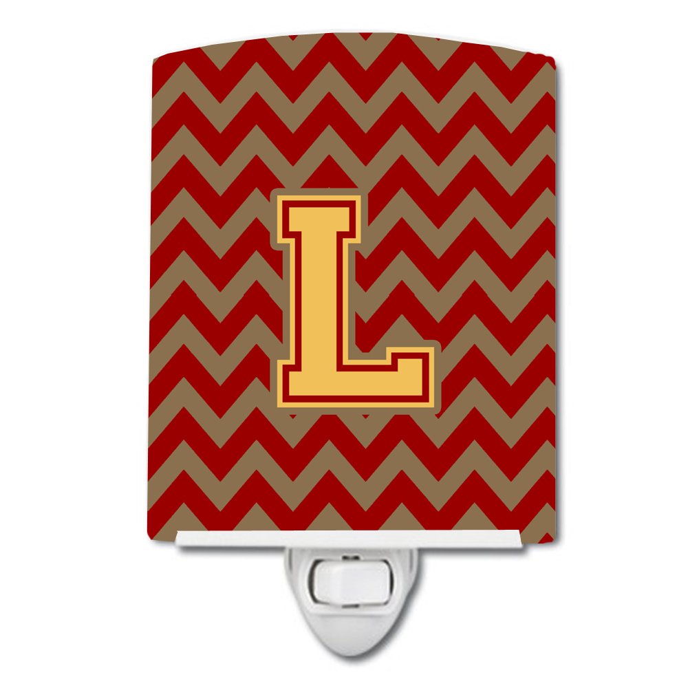 Caroline's Treasures CJ1048-LCNL Letter L Chevron Garnet and Gold Ceramic Night Light Compact, UL-Certified, Ideal for Bedroom, Bathroom, Nursery, Hallway, Kitchen, 6x4x3, Multicolor