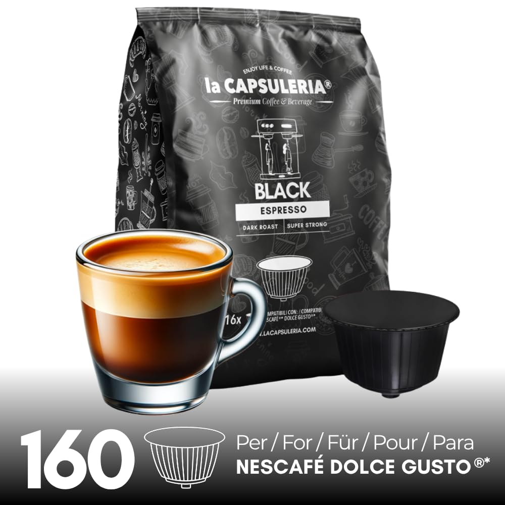 CAFÉ BLACK ESPRESSO (160 Cápsulas) compatibles con Dolce Gusto | Pack 160 cápsulas (10 x 16) | Café Black Espresso intenso, oscuro y persistente, con aroma profundo