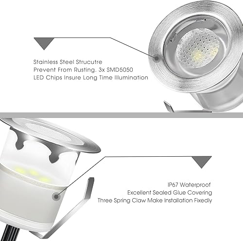 Miniatura 5 de QACA Kit de luces LED de bajo voltaje para cubierta de acero inoxidable, impermeable, empotradas, para terrazas de madera, escaleras, jardín, patio