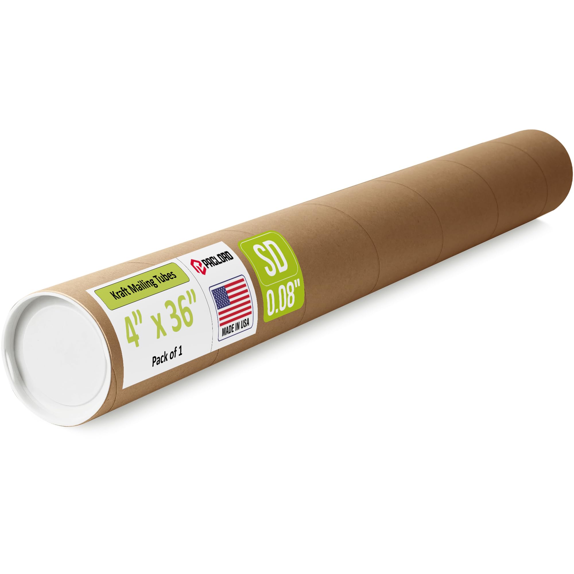 Paclord 4" x 36" Reinforced Kraft Paper Mailing Tube, Pack of 1 Tube with 2 Caps – USPS Approved – Cardboard Mailer for Shipping and Storing Posters,