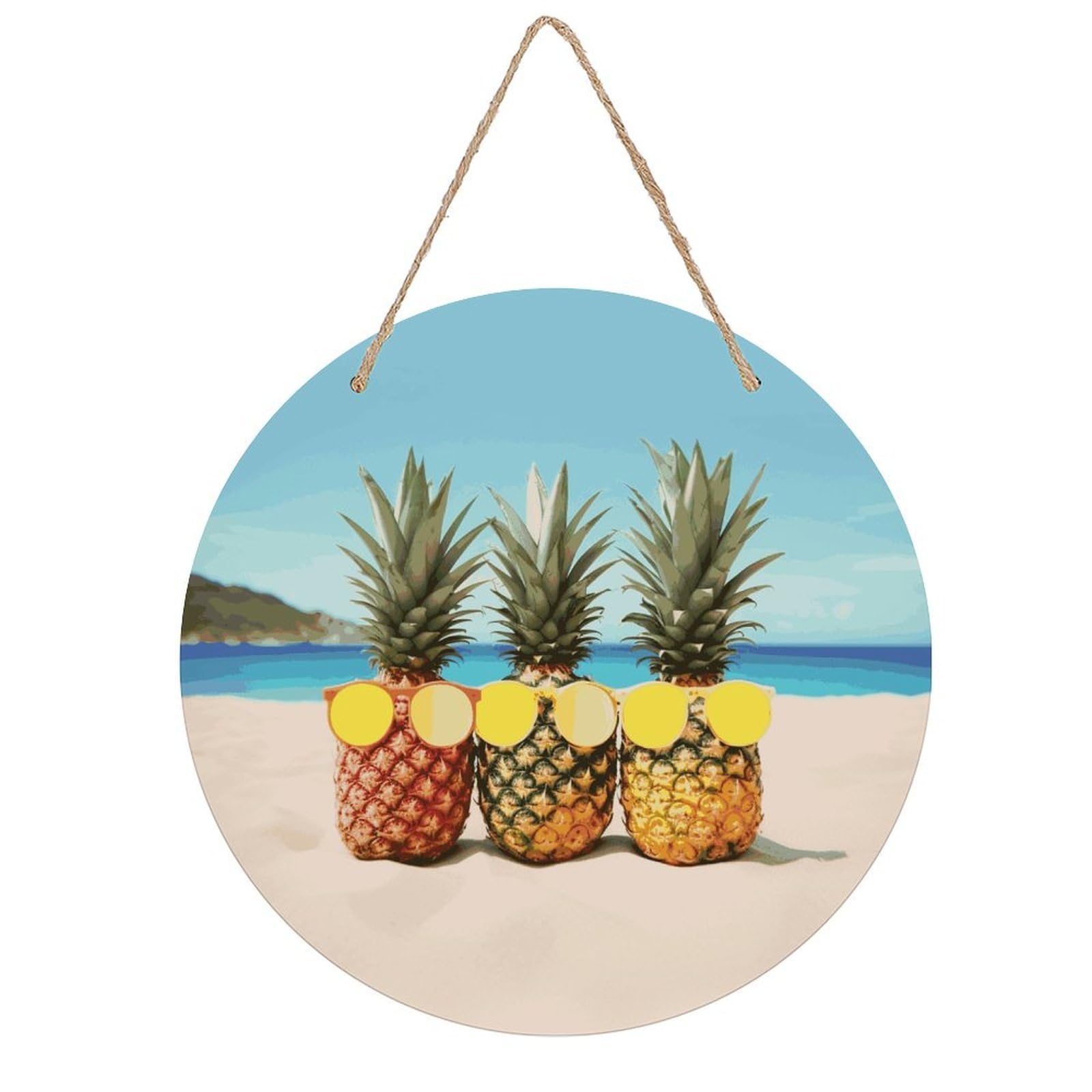 Adfgyerh Style Seaside Beach Yellow Geometric Pineapple Room Decor，Round Wooden Board Painting，Wall Art，Easy To Hang，Wall Decor ，Suitable For Homes, Offices, Holidays, Bars, Cafes, And Other Venues.
