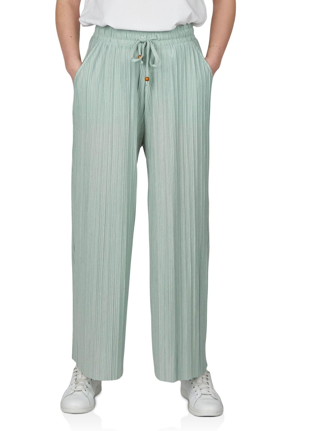 DENIMFY Palazzo DFBrenda Lot de 2 pantalons d'été 3/4 pour femme, taille haute, jambes larges, en tissu, longueur cheville, taille élastique, poches unies, noir, vert, beige, bleu, S, M, L, XL, XXL