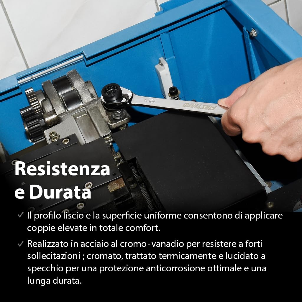 FIRSTINFO F3452 | Chiave a Cricchetto Combinata Reversibile 8 in 1 | 90 Denti | 12 Punti | Misure Metriche da 8 a 19 mm