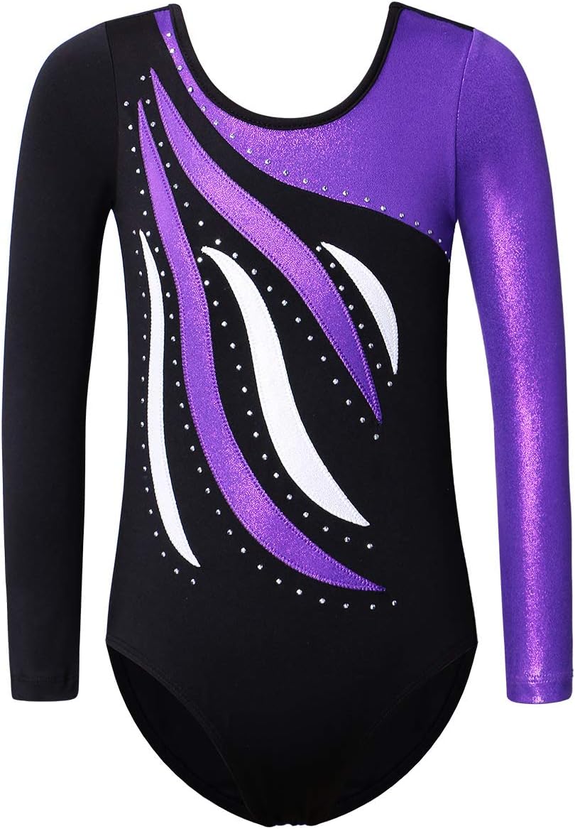 BAOHULULeotards for Girls Gymnastics Long Sleeve Embroidery Shiny Black Diamond Dance Clothes
