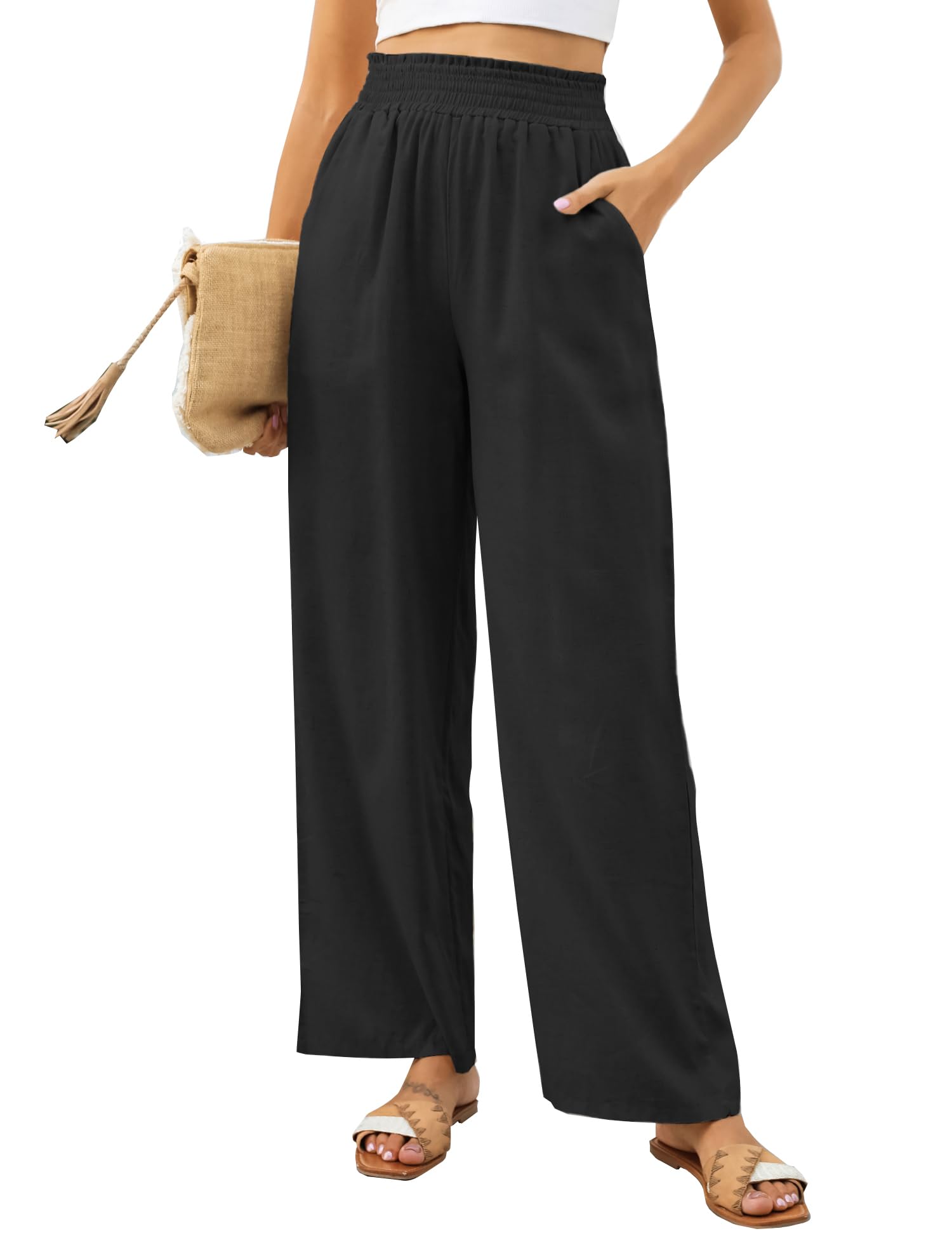 GRABLOOM Women's Cotton Linen Pants Flowy Wide Leg High Waisted Palazzo Pants Lounge Trousers with Pocket