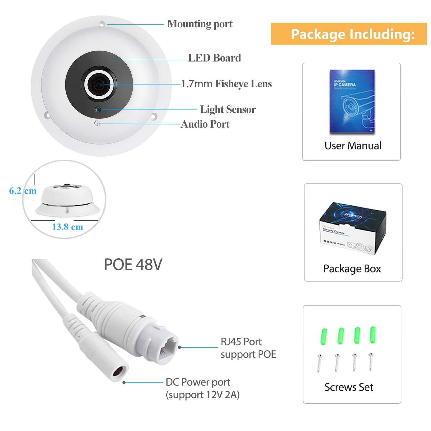 Kamera HD 5 MP Fisheye IP z mikrofonem, kamera monitorująca do wnętrz, audio, obiektyw 1,7 mm, widoczność w nocy, widoczność w nocy, na podczerwień, CCTV, wideo POE IP, P2P H.265, wykrywanie