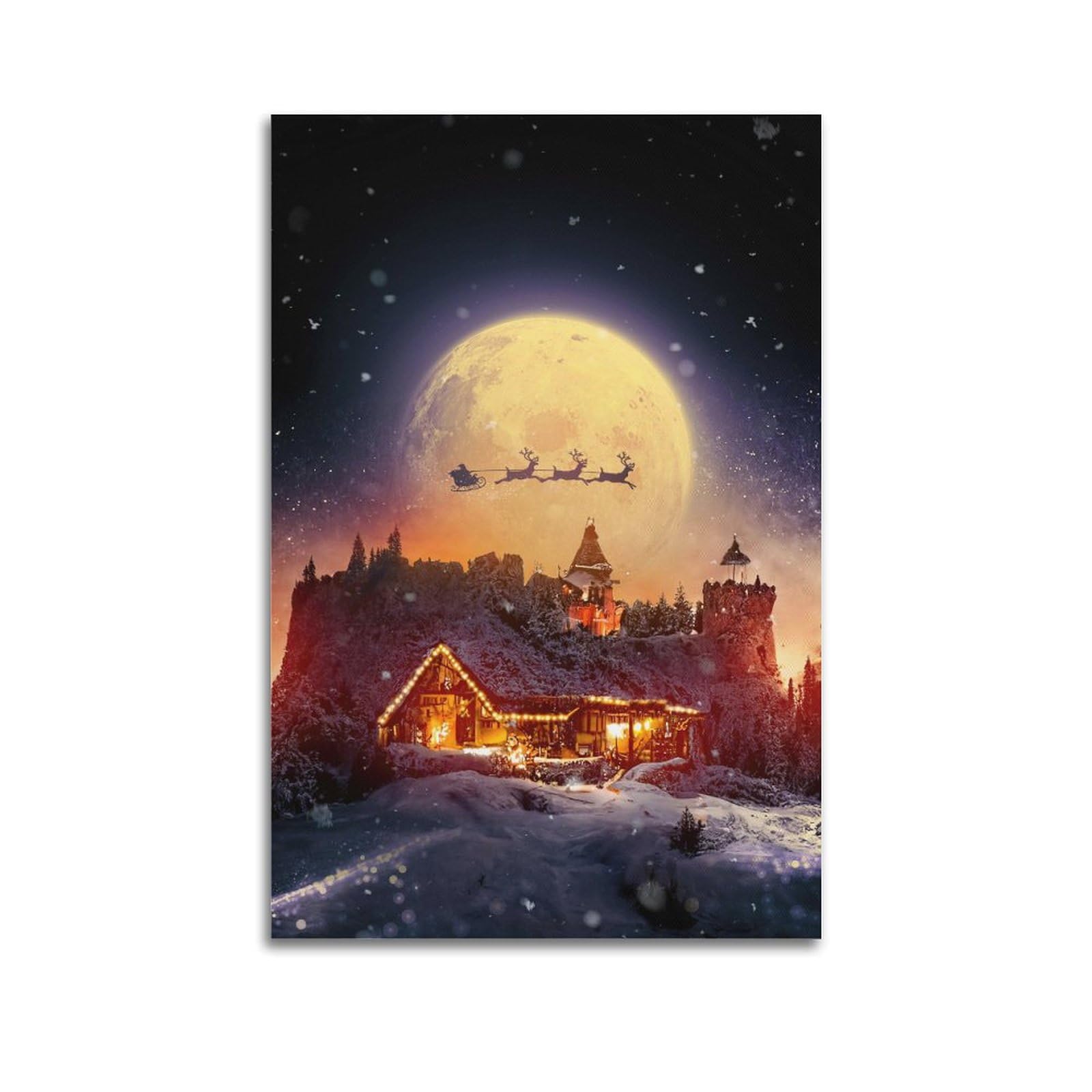 YCGYMX Christmas Poster Santa Claus Flies over The Brightly Lit Village Poster Decorative Painting Canvas Wall Posters And Art Picture Print Modern Family Bedroom Decor Posters 08x12inch(20x30cm)