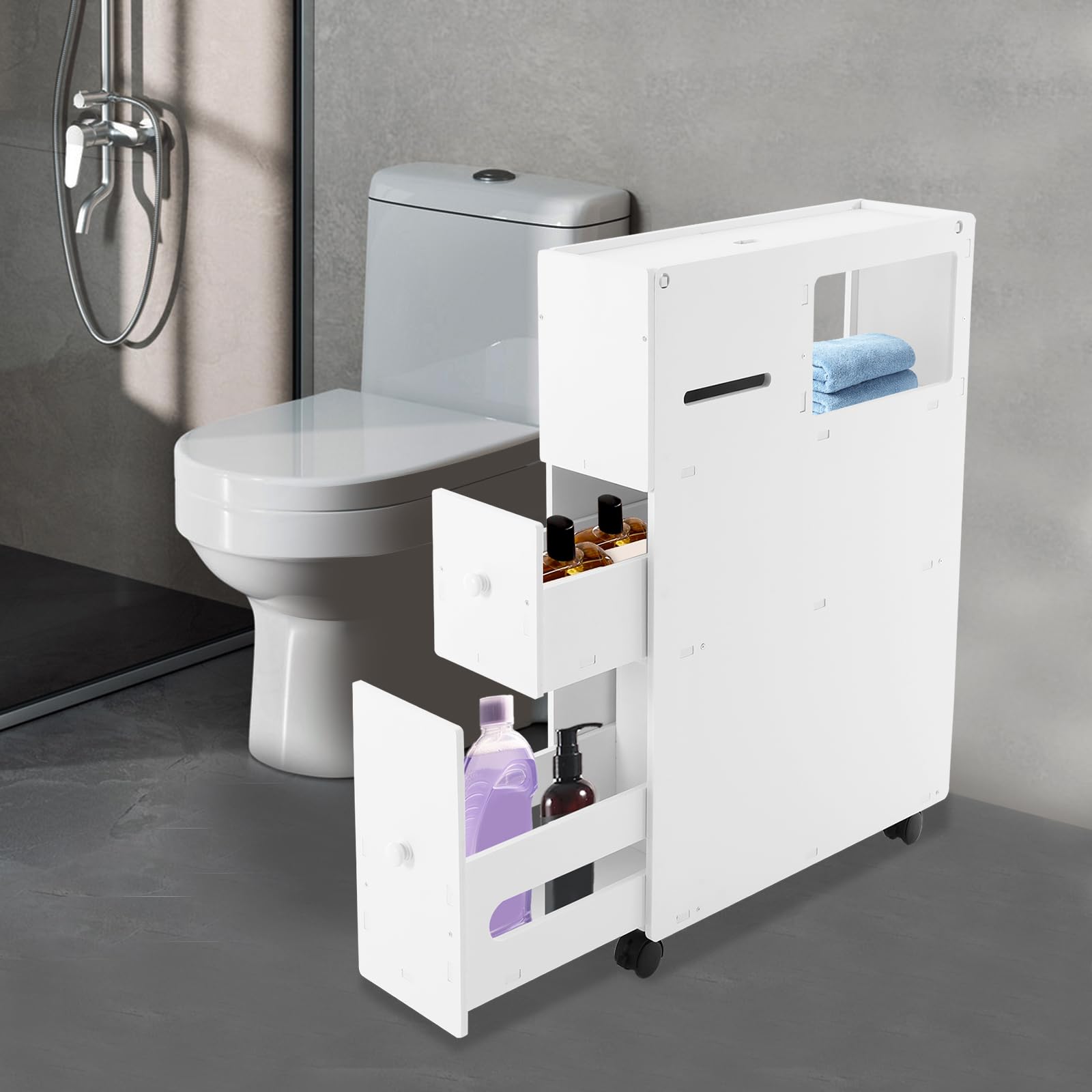 Xuthusman Slim Bathroom Floor Cabinet Toilet Storage Organizer W/Shelf Free Standing Cabinet with Slide Out 2 Drawer and Wheels White