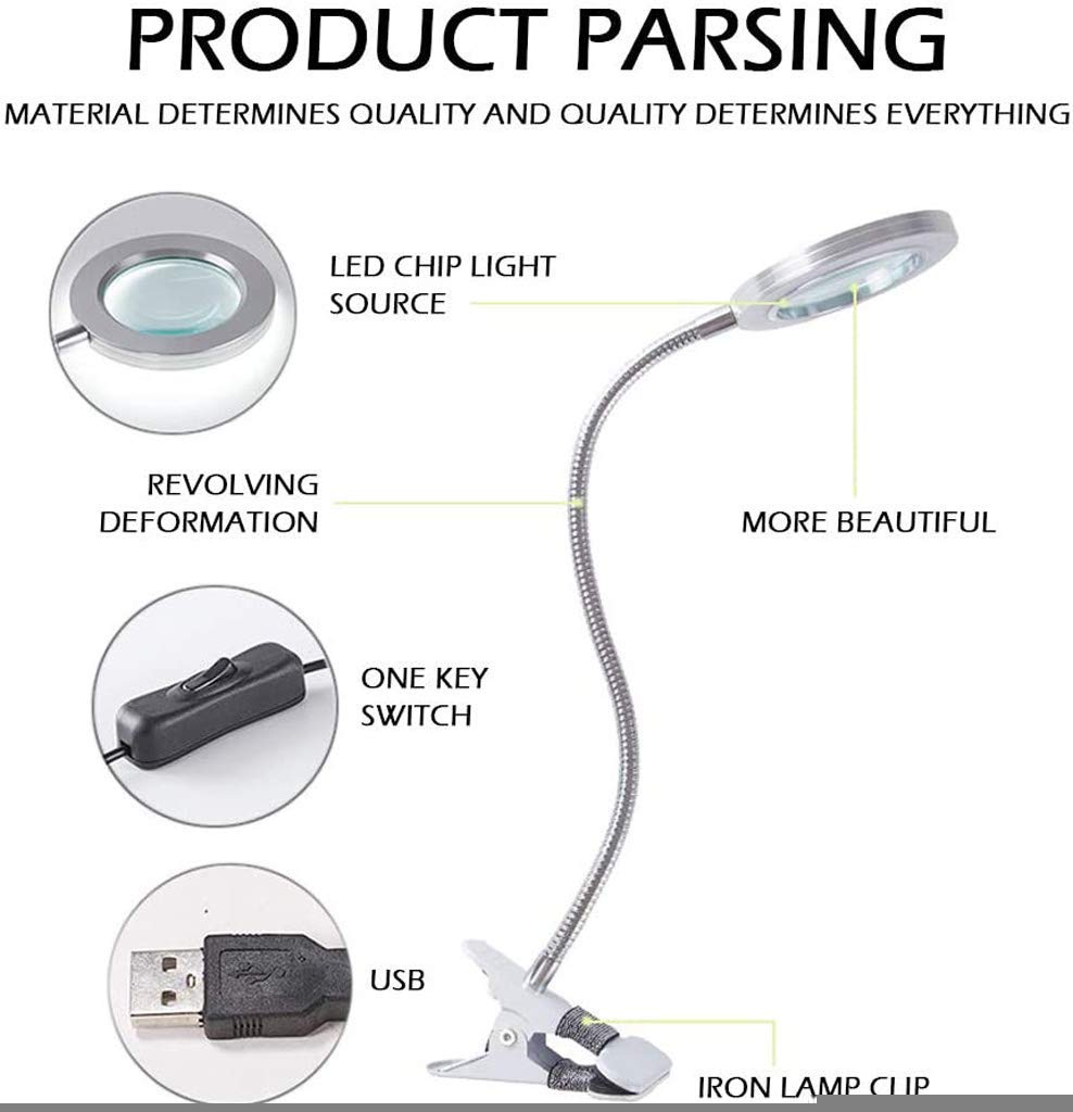 Lampa powiększająca z zaciskiem, szkło powiększające 8X z oświetleniem 2LED, lupa biurkowa USB do ładowania dla dzieci i dorosłych vision