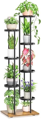 LASZOLA Soporte para plantas de 7 niveles en negro, para interiores, soporte para macetas de metal resistente, organizador moderno y estrecho, torre