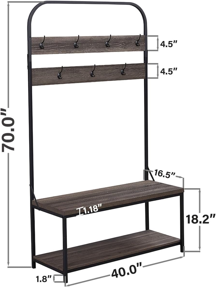 IBF Coat Rack with Shoe Bench, 3-In-1 Hall Tree with Storage Bench for Entryway, Industrial Metal and Wood Coat Tree with Shelf and Hanging Hook, Dark Gray Oak, 40.0" W x 16.5" D x 70.0" H