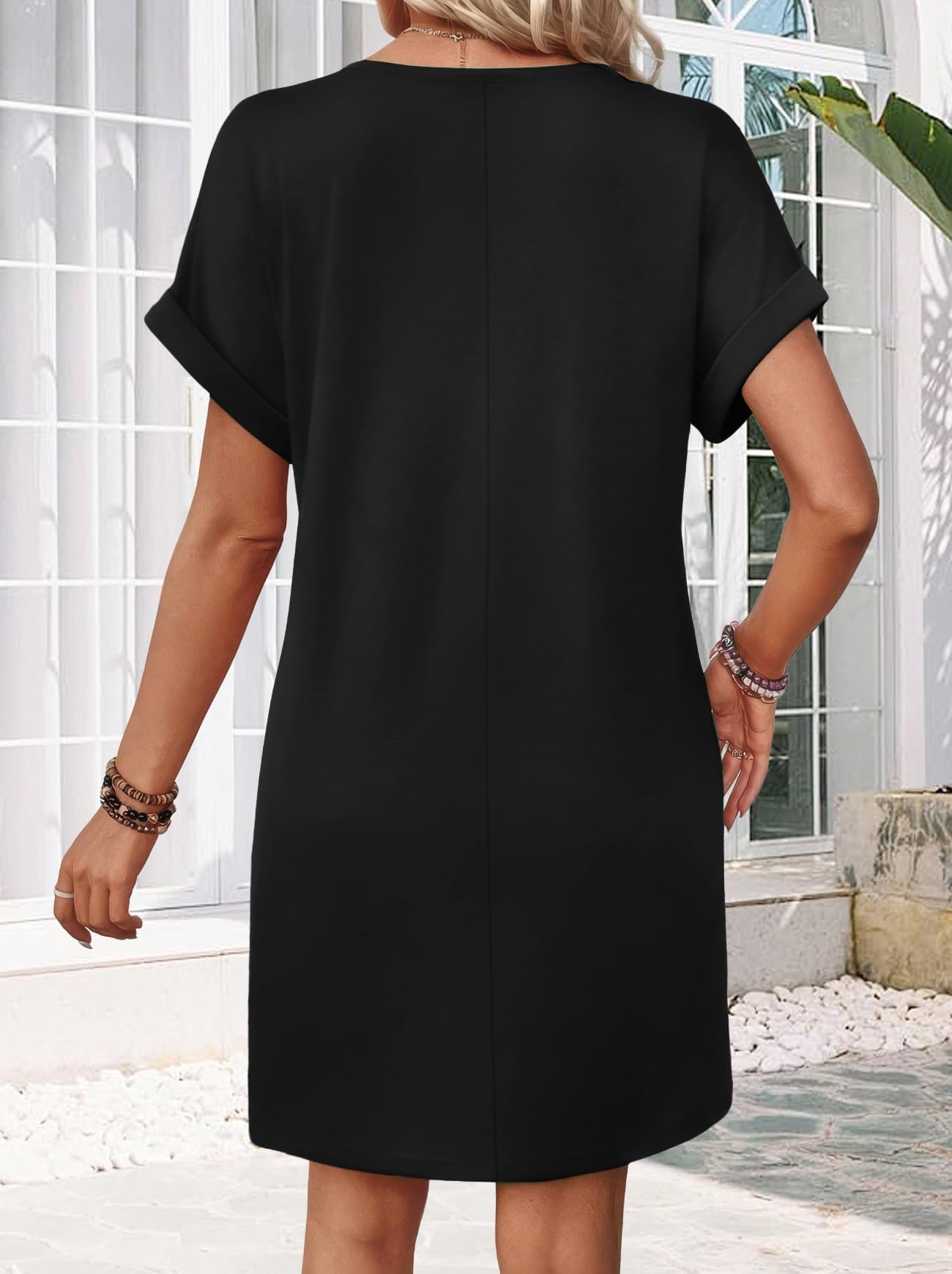 Cuptacc Robe Ete Femme Manches Courtes Robe de Plage Col en V Robe Tee Shirt Chic et Elegant avec Poches