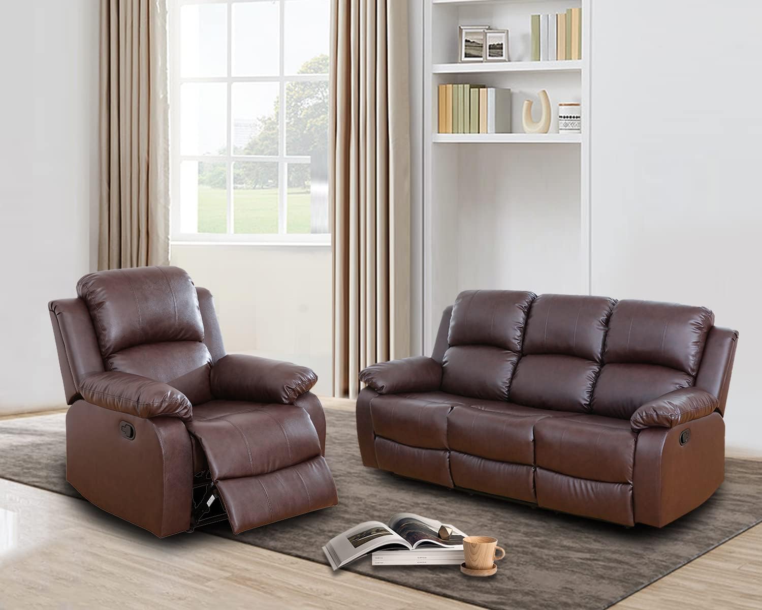 2 Piece Living Room Furniture Set, Leather Recliner Chair and Sofa Set, Recliner Couch for Home Office Apartment（Chair and 3-Seat Sofa Set,Brown