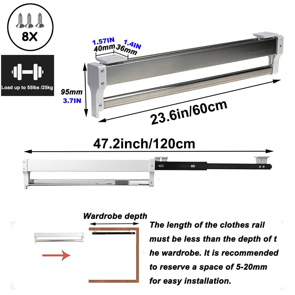 Wysuwany drążek na ubrania z 2 przesuwnymi prowadnicami, wysuwany drążek do szafy, regulacja 30–80 cm, wieszak na ubrania, nośność 25 kg, rozmiar: 600 mm