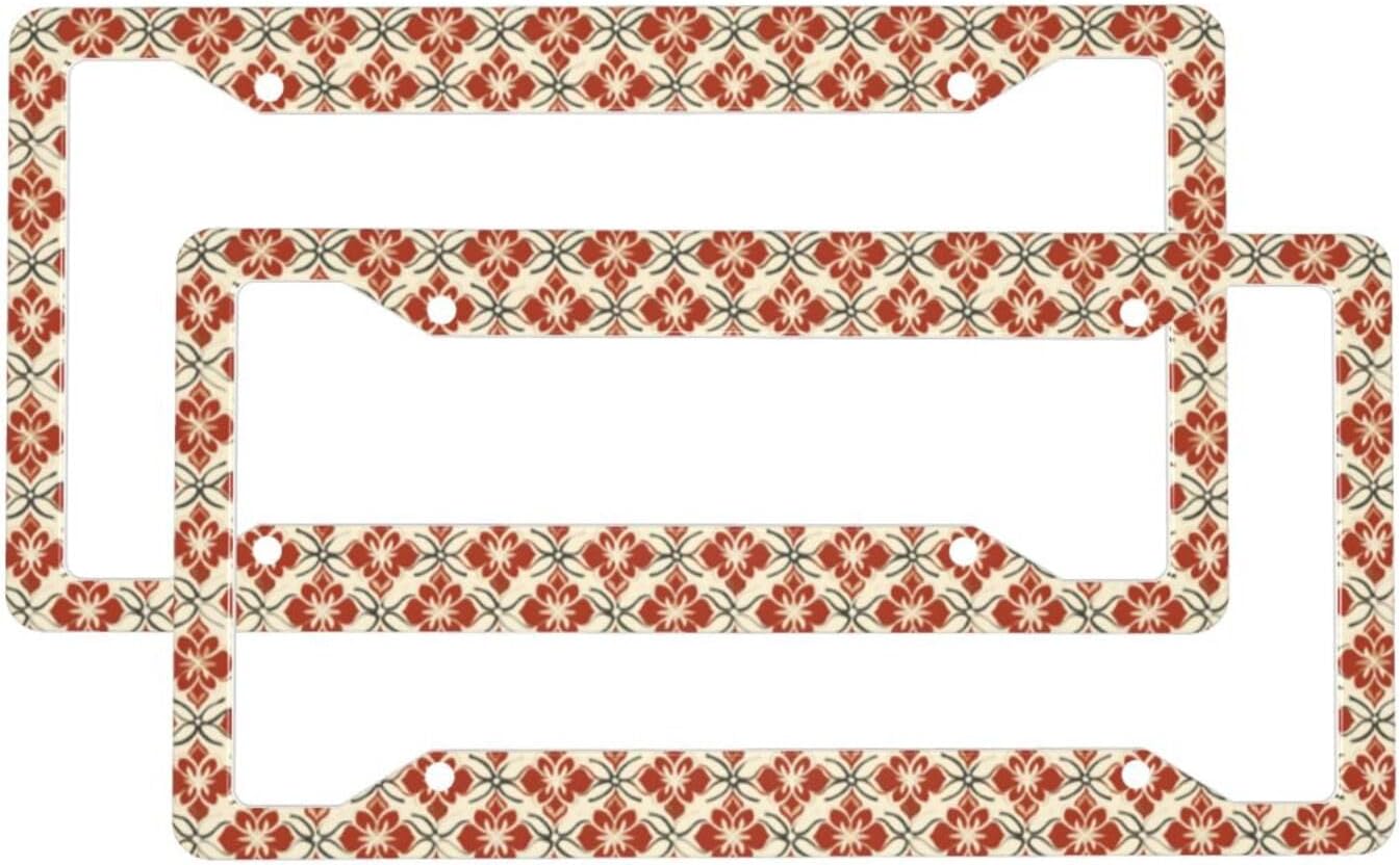 2 Pcs Car License Plate Frames for Women Men – Vintage Red Pattern Print Solid Aluminum License Plate Cover for Car Accessories for Women Men with