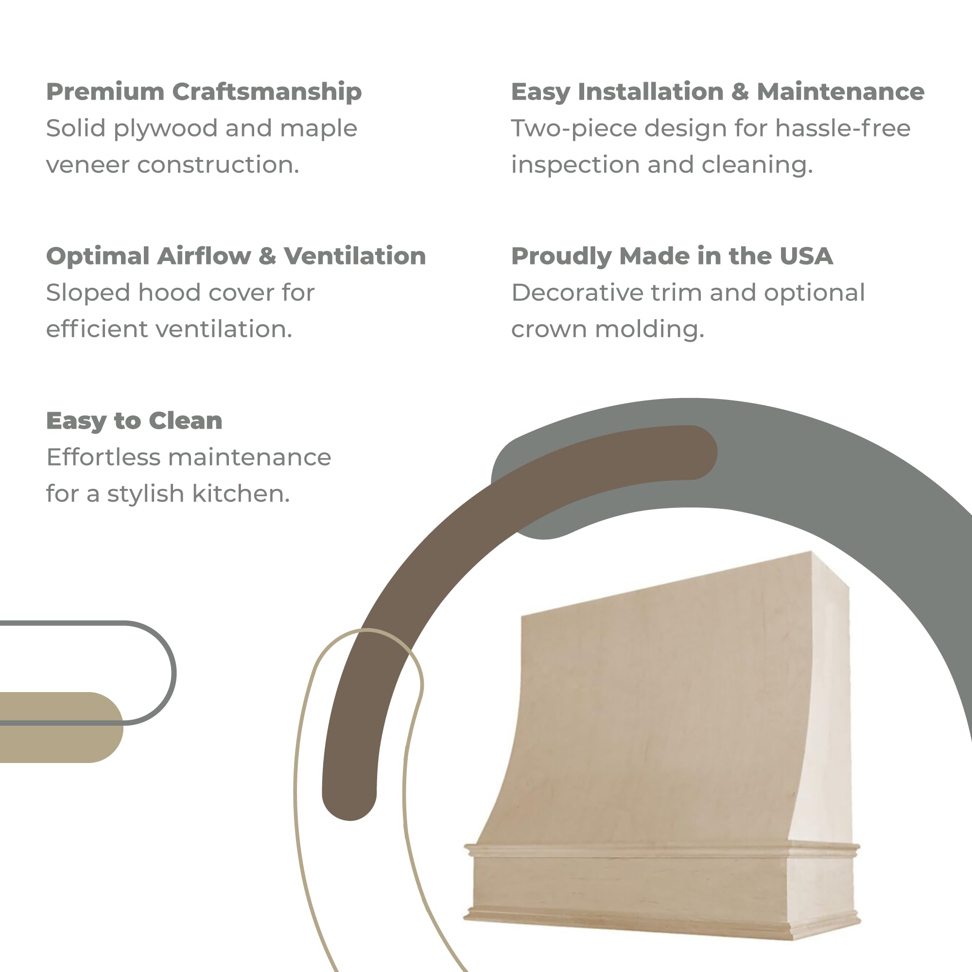 Riley & Higgs Unfinished Wood Kitchen Range Hood Cover, Sloped Front Wall Mount Vent Hood, Classic Trim, PlyWood with Maple, 49.5” W x 30” H - 3