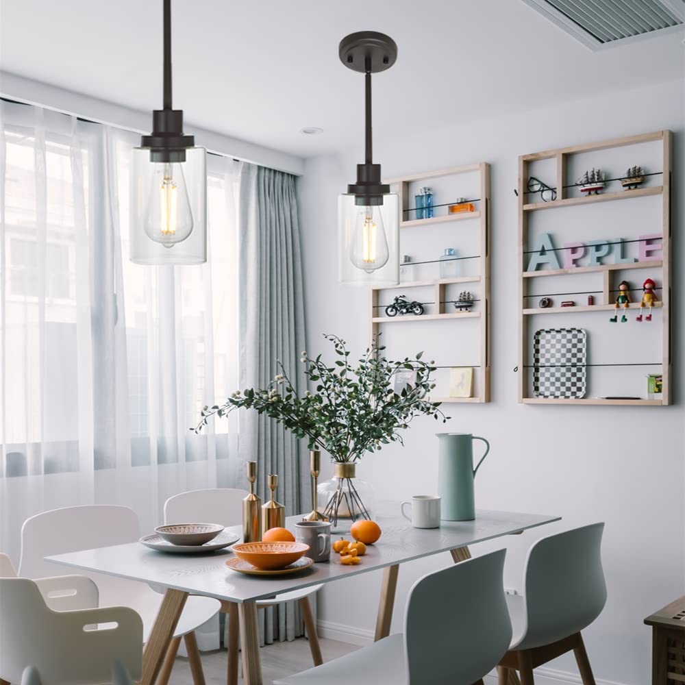 Lámpara colgante de cristal de 1 luz, estilo Edison industrial, acabado de bronce aceitado, iluminación de isla de cocina, lámpara colgante para comedor, fregadero y dormitorio 2