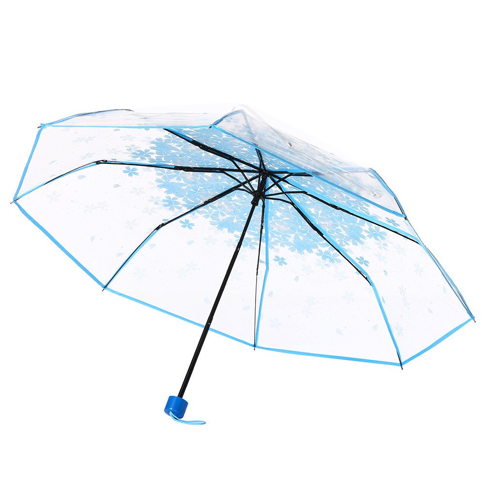 BCDlily Transparent Clear Umbrella Cherry Blossom Mushroom Apollo Sakura 3 Fold Compact Wedding Party Umbrellas Blue