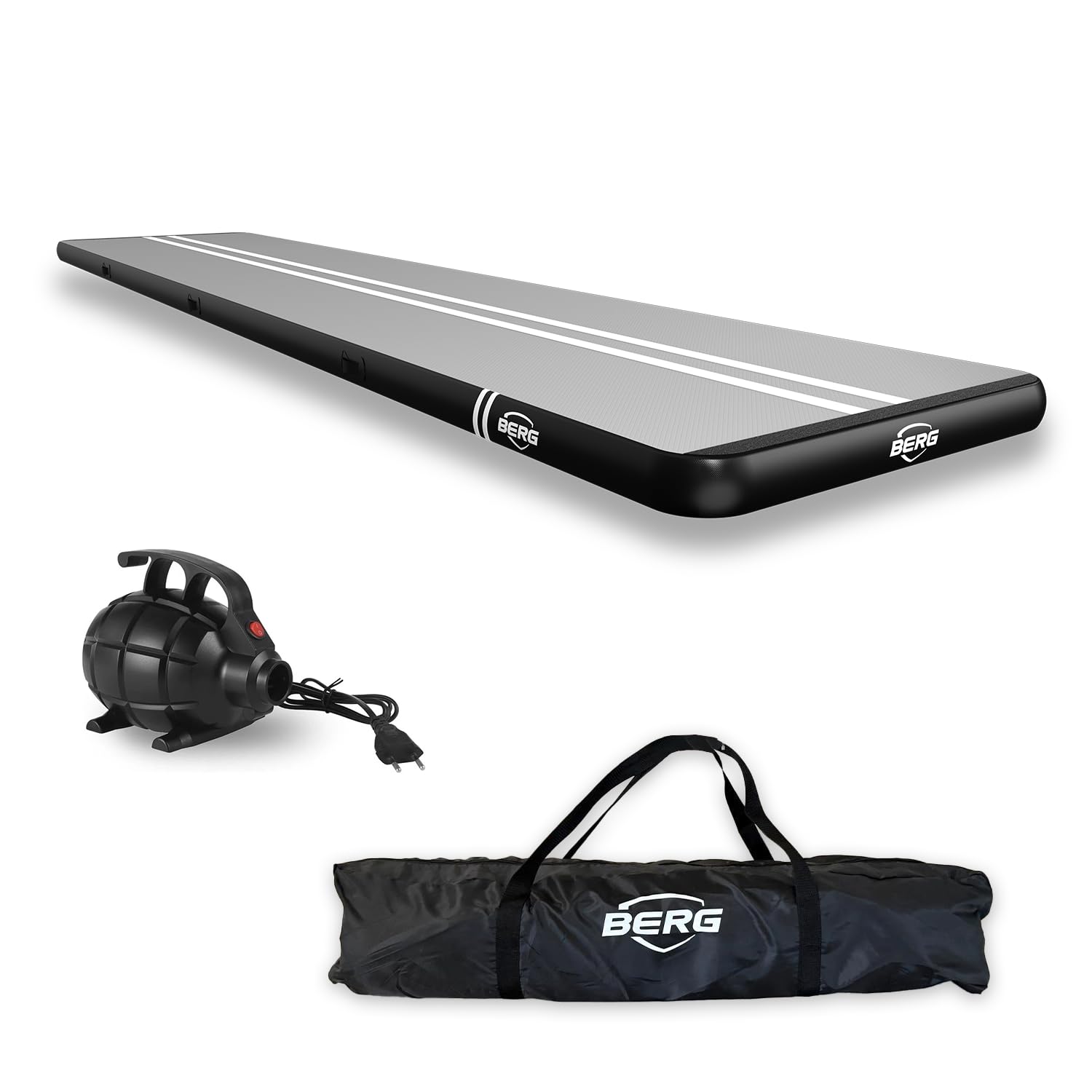 BERG AirTrack Home | Mit Elektrischer Luftpumpe und Tasche | Yogamatte | Tumblingmatte | Verschiedene Größe | Schwarz/Grau
