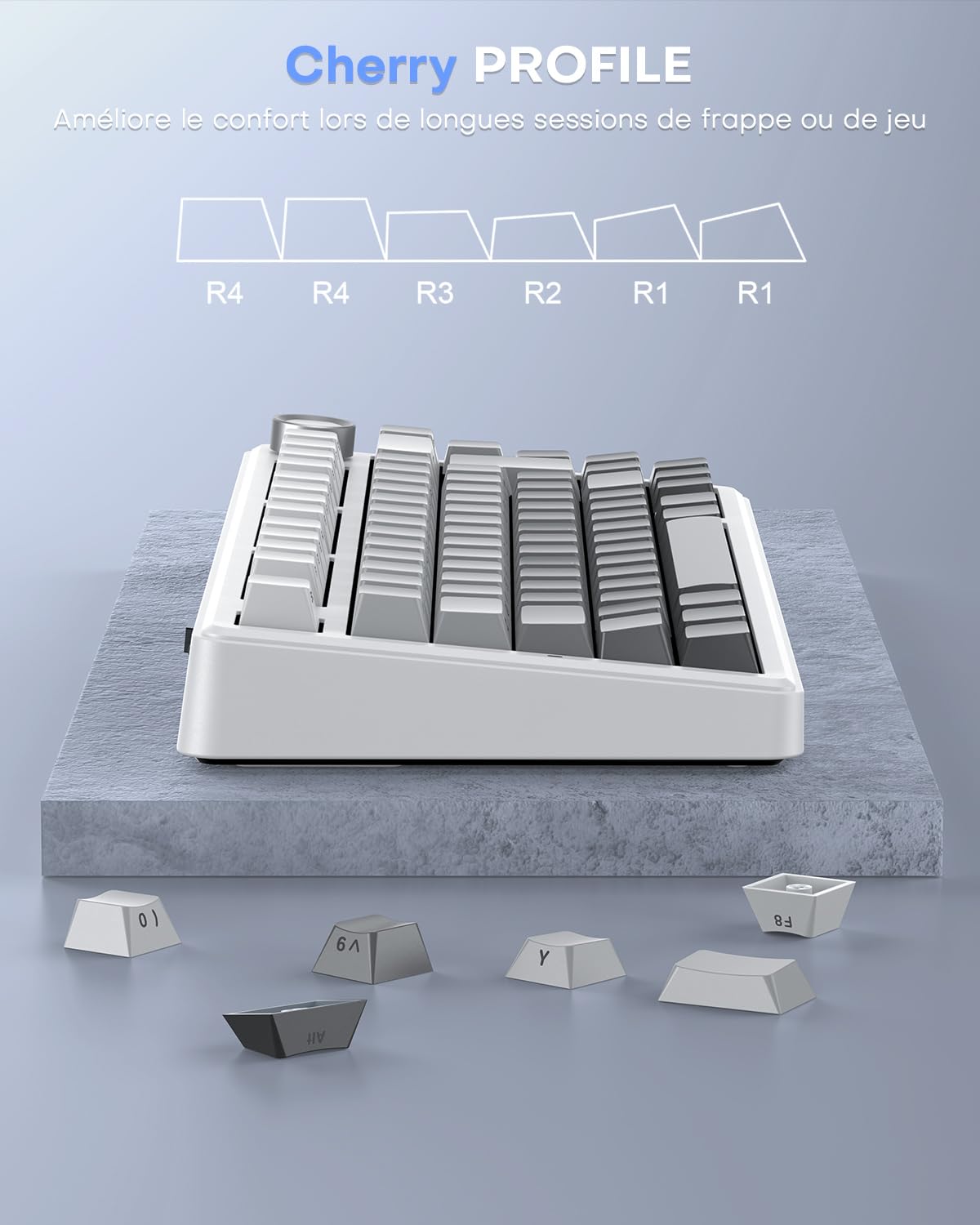 OMOTON Capuchons de Touches en Français, Cherry Profil 127 Touches PBT avec extracteur de Touches, Gravur Latéral pour MX Switch 61/68/84/87/96/108 ANSI/ISO Layout claviers mécaniques - Dégradé Gris
