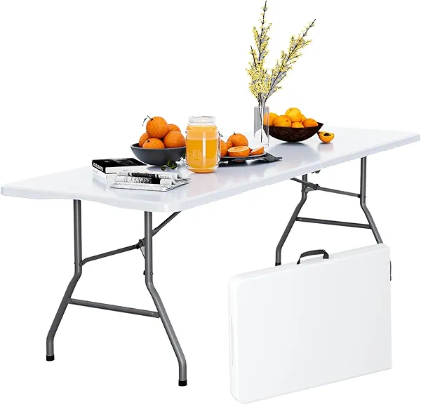 Linkriseed 6FT Folding Picnic Table for Outdoor, No Assembly Required Portable, White Foldable Table for Camping, Parties, with Carrying Handle (White, 1 Pack)