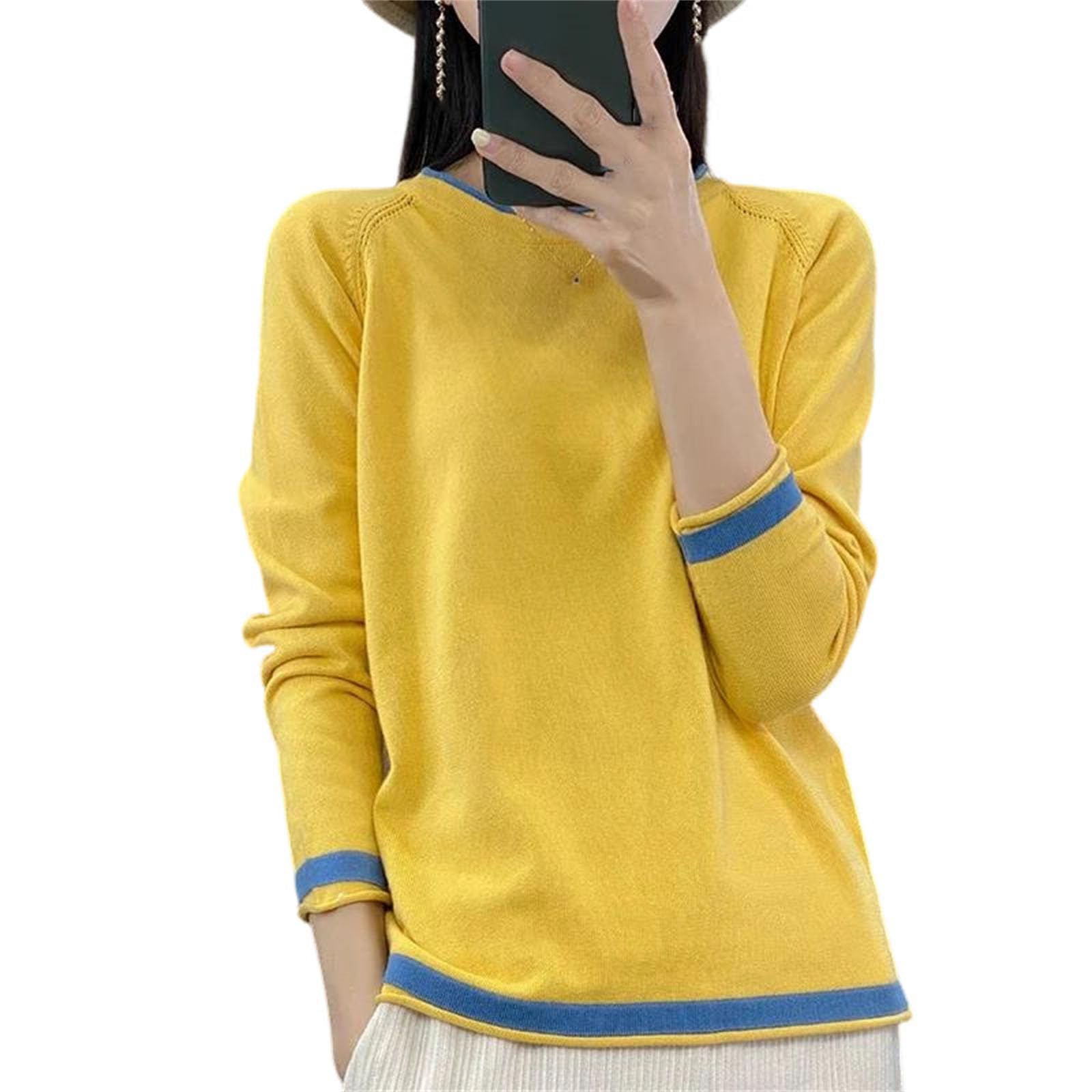 Womens Cotton Knit Pullover Loose Fit Color Block Long Sleeve Spring Summer Casual Top