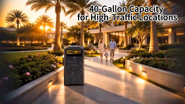 Image of 40 Gallon Commercial Outdoor Trash Can with Lid & Top Tray, Heavy-Duty Powder-Coated Steel Garbage Receptacle with Galvanized Metal Liner, Stone Panel Design for Park, Mall & Public Spaces