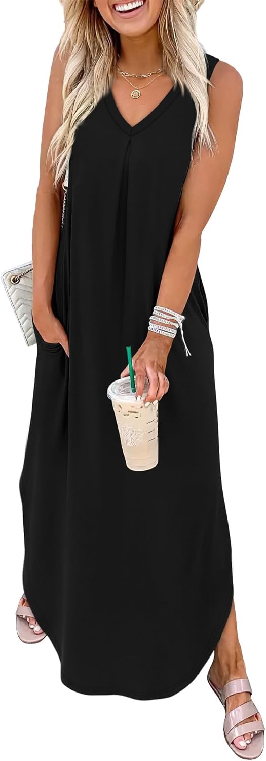 OFEEFAN Maxi Dresses for Women 2026 Loose V Neck Sleeveless Casual Beach Vacation Dress Side Slit Sundresses with Pockets