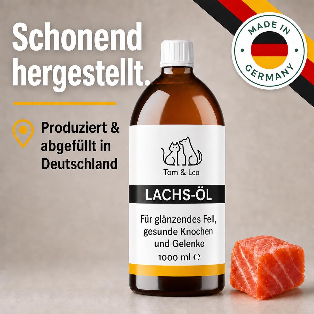 Tom & Leo Huile de saumon pour chiens et chats 1000 ml – Huile de saumon sauvage avec oméga 3-6-9, idéale pour la peau et le pelage, huile de poisson de qualité supérieure pour chiens