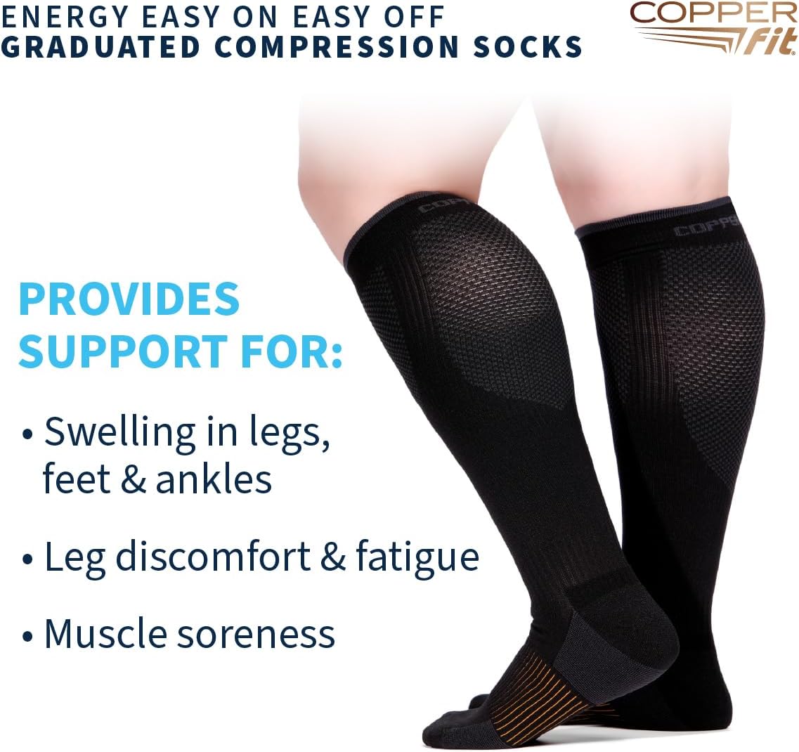 Copper Fit Energy Graduated Wide Calf Compression Socks for Men & Women – Easy On, Easy Off, For Circulation & Swelling Relief – Ideal for Travel, Nurses, Running, & Recovery
