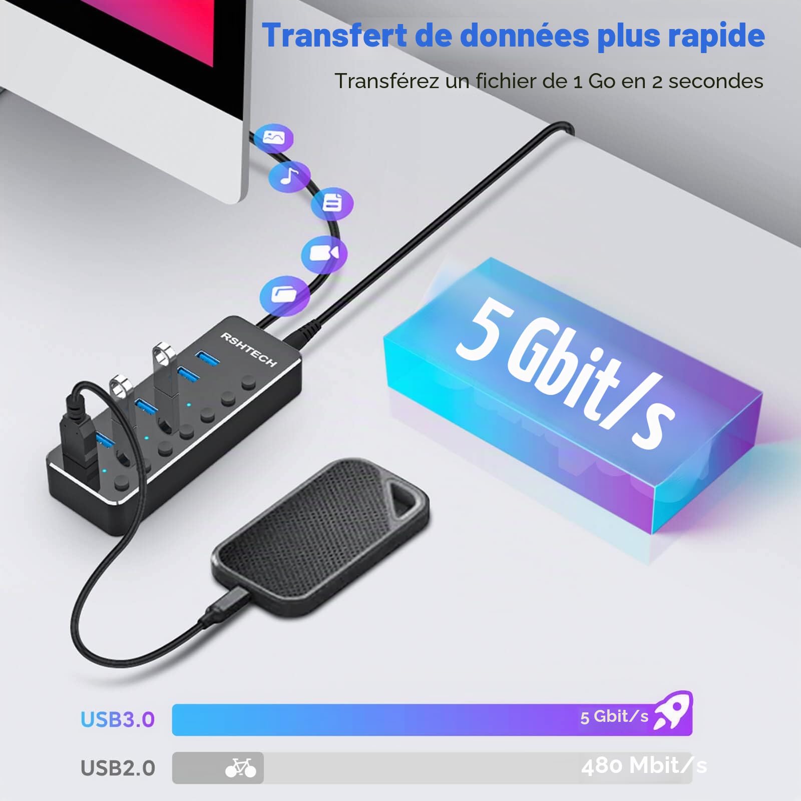Powered UBS Hub, RSHTECH 7 Port USB 3.0/USB C Hub Upgraded Version Aluminum USB Hub with 2-in-1 USB Cable,5V 3A Power Adapter and Individual Switches, USB Port Expander Hub for Laptop and PC, RSH-ST07