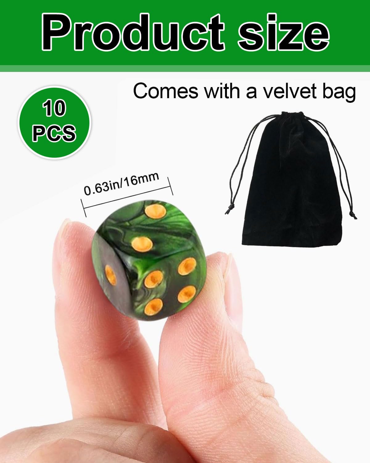 10 PCS Dados,16mm D6 Dados de Rol,Juego de Dado con Bolsa de Terciopelo para juegos de Rol,Mesa,Dice Football,Lecciones de Matemáticas(Negro-Verde)