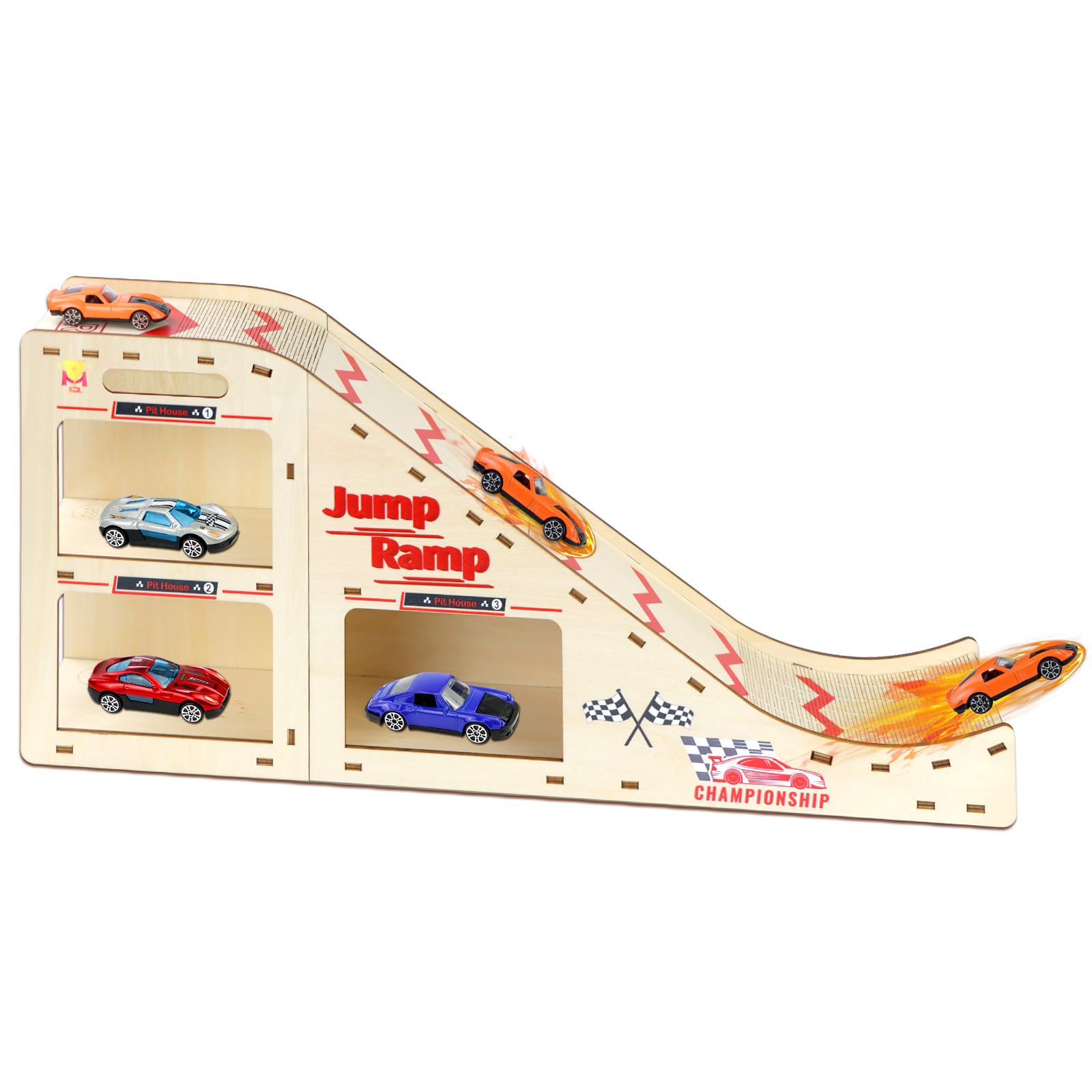 Toy Cars Jump Ramp, Toy Car Track Set for Hot Wheels, Race Cars Track for Hot Wheels and Diecast Cars, Playing/Storage/Display/Race Track Set, Wood Jump Ramp for Hot Wheels Cars and Montessori 02