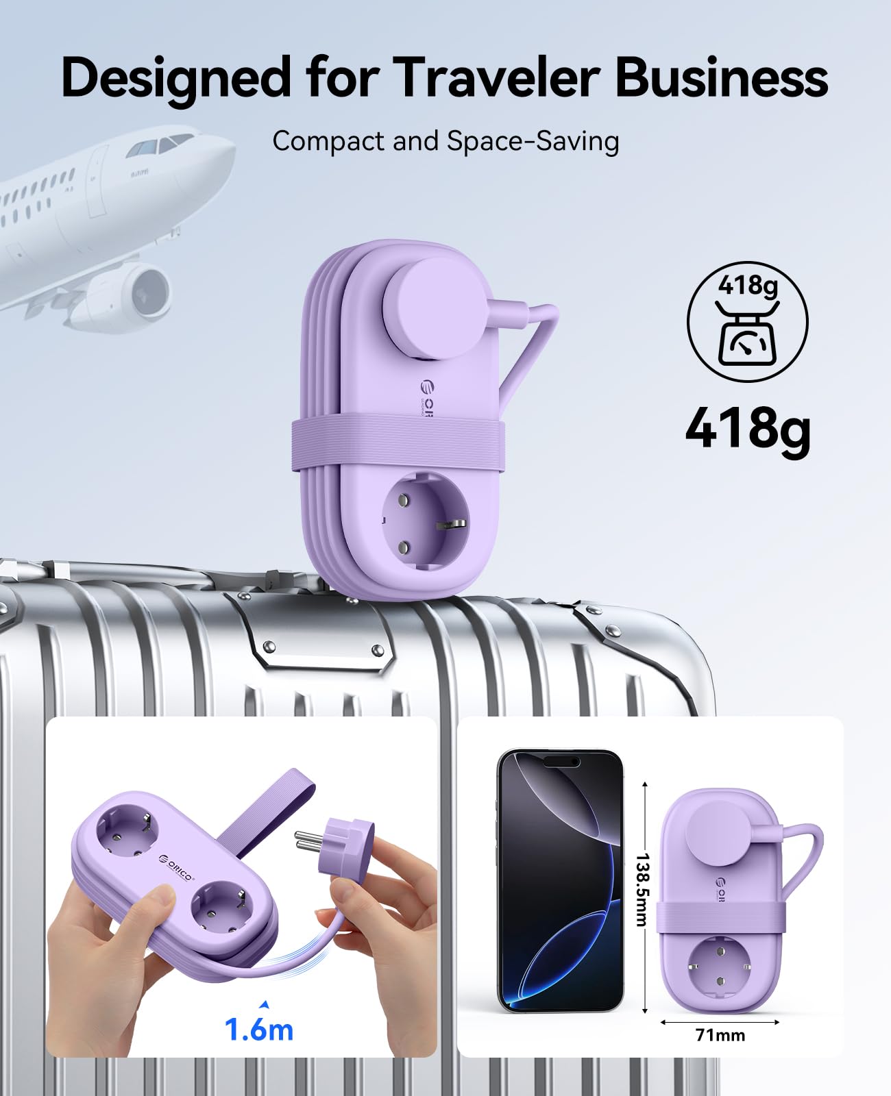ORICO GaN listwa zasilająca 65 W z USB C, 6 w 1, listwa zasilająca do szybkiego ładowania z 4 USB, przedłużacz o długości 1,6 m, do MacBooka, iPada, telefonu komórkowego, podróży – AP3, fioletowy