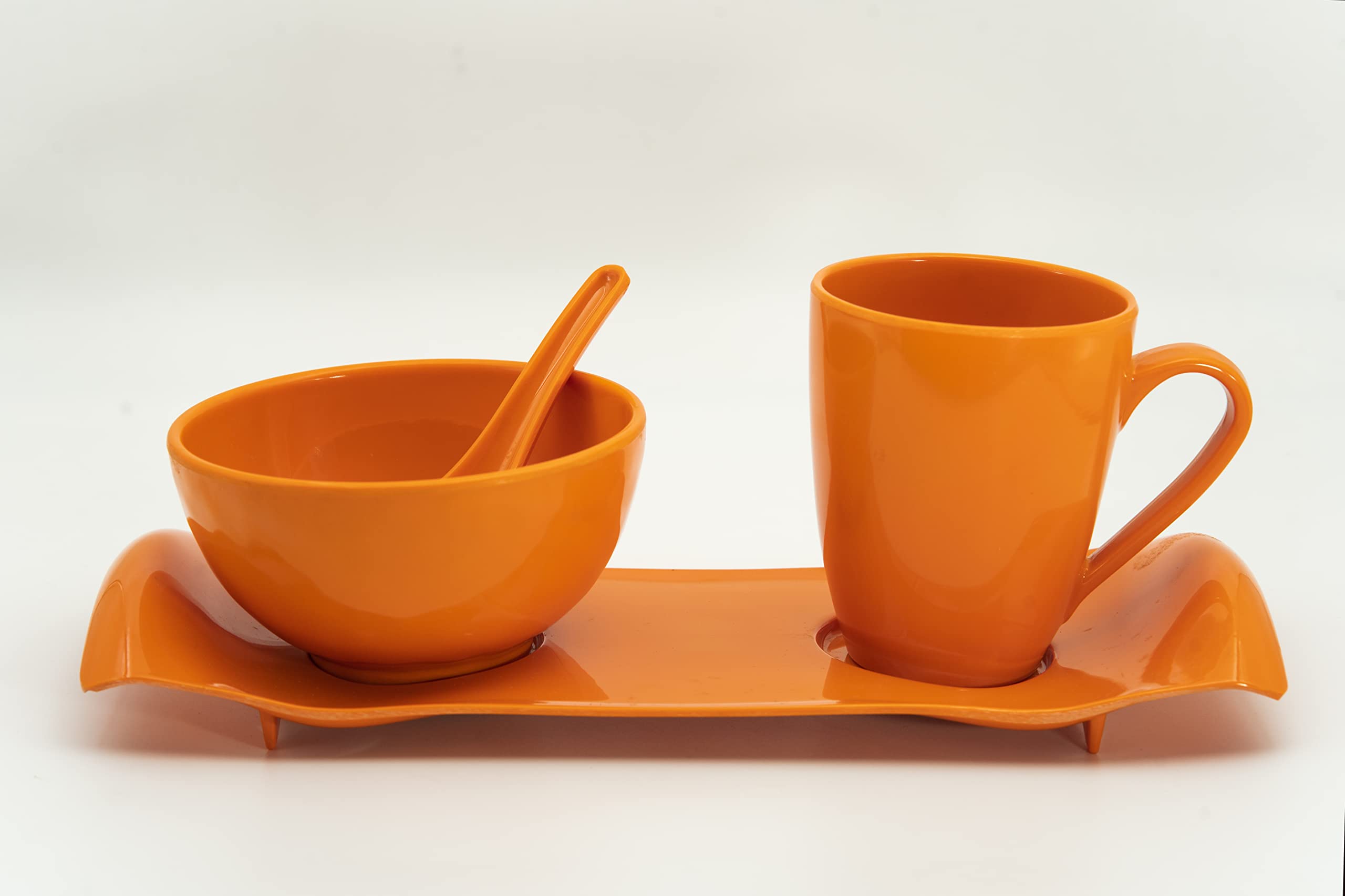 ARIES ACRYWARE Unique Design Microwave Safe Serving Platter Break Time Snack Tray Plate Set with Mug, Cup and Spoon Set for Evening Snacks/Kids/Gifting/Adult (Orange)