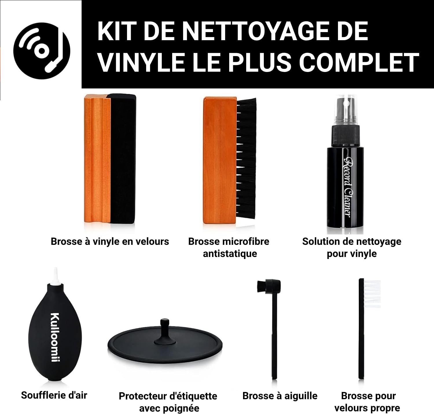 Kit Nettoyage Vinyle par Kulloomii | 7-en-1 Nettoyante pour LP Disques Vinyle | Brosse à Disque | Souffleuse d'air | Solution nettoyante pour disques Antistatique