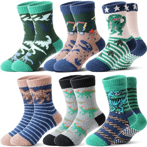 Welwoos Calcetines Antideslizantes Termicos Niños, Calcetines Divertidos Antideslizantes Invierno Regalo para Niños 6 Pares Calcetines Navidad Chimenea(Dinosaurios, 29-34)