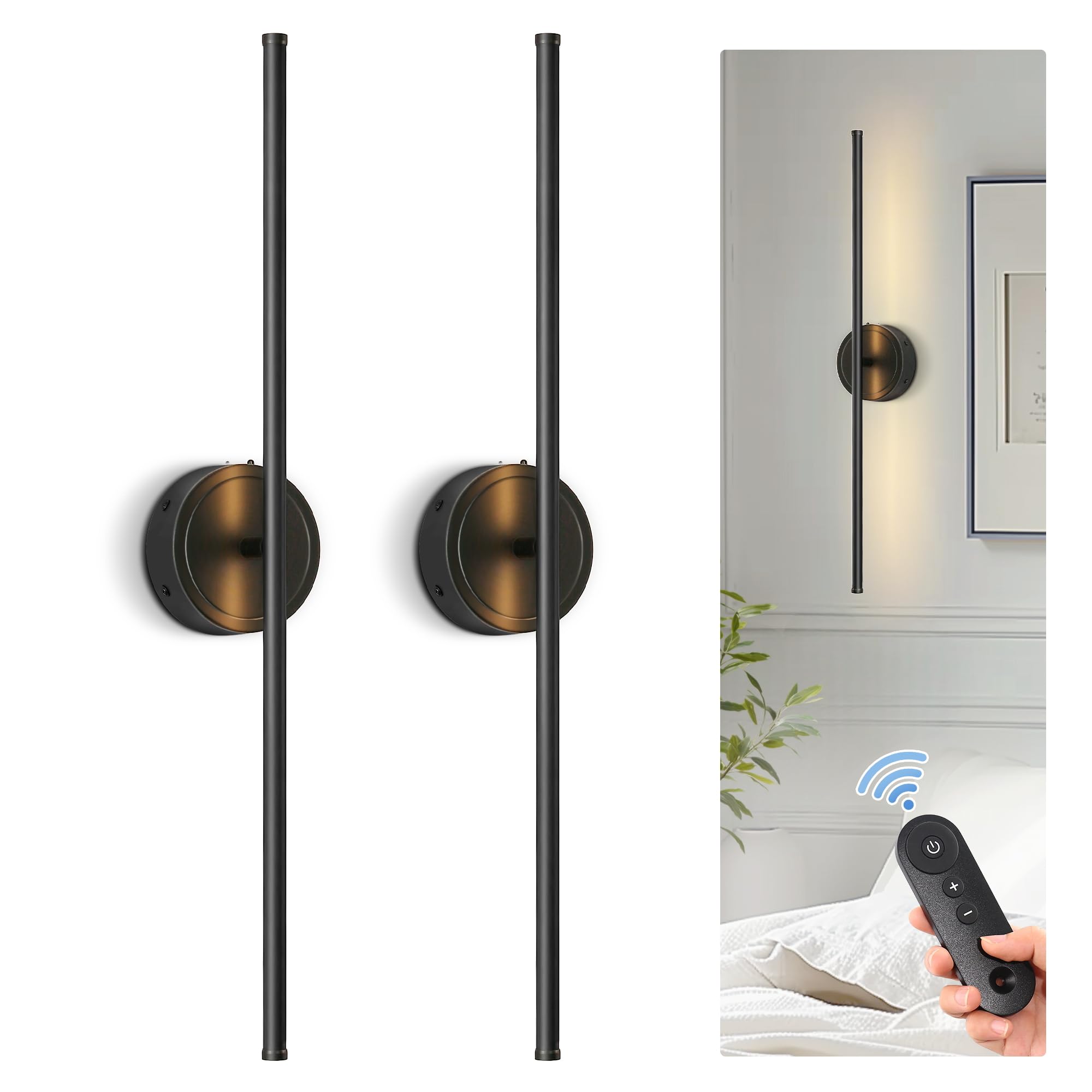 Battery Operated Wall Sconces set of Two, Black Wireless Wall Lights not Hardwired 6000mAh, 350°Rotation Dimmable Rechargeable Wall Lamp with Remote, Wall Decor for Living Room, Hallway, Bedroom