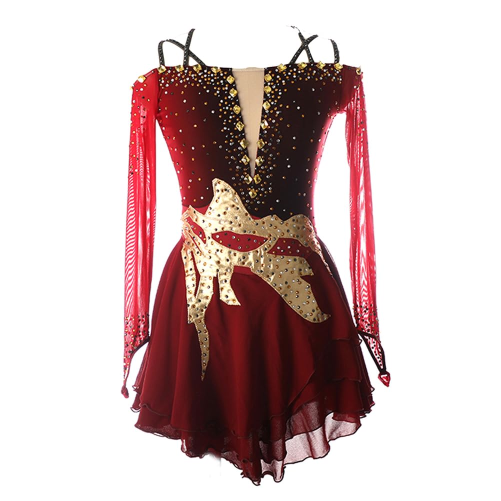Abito Pattinaggio Artistica Ballerina, Oro Strass Tutu Vestito Danza Classica Donna Body da Ginnastica Ritmica Abito da Latino Americano Balletto