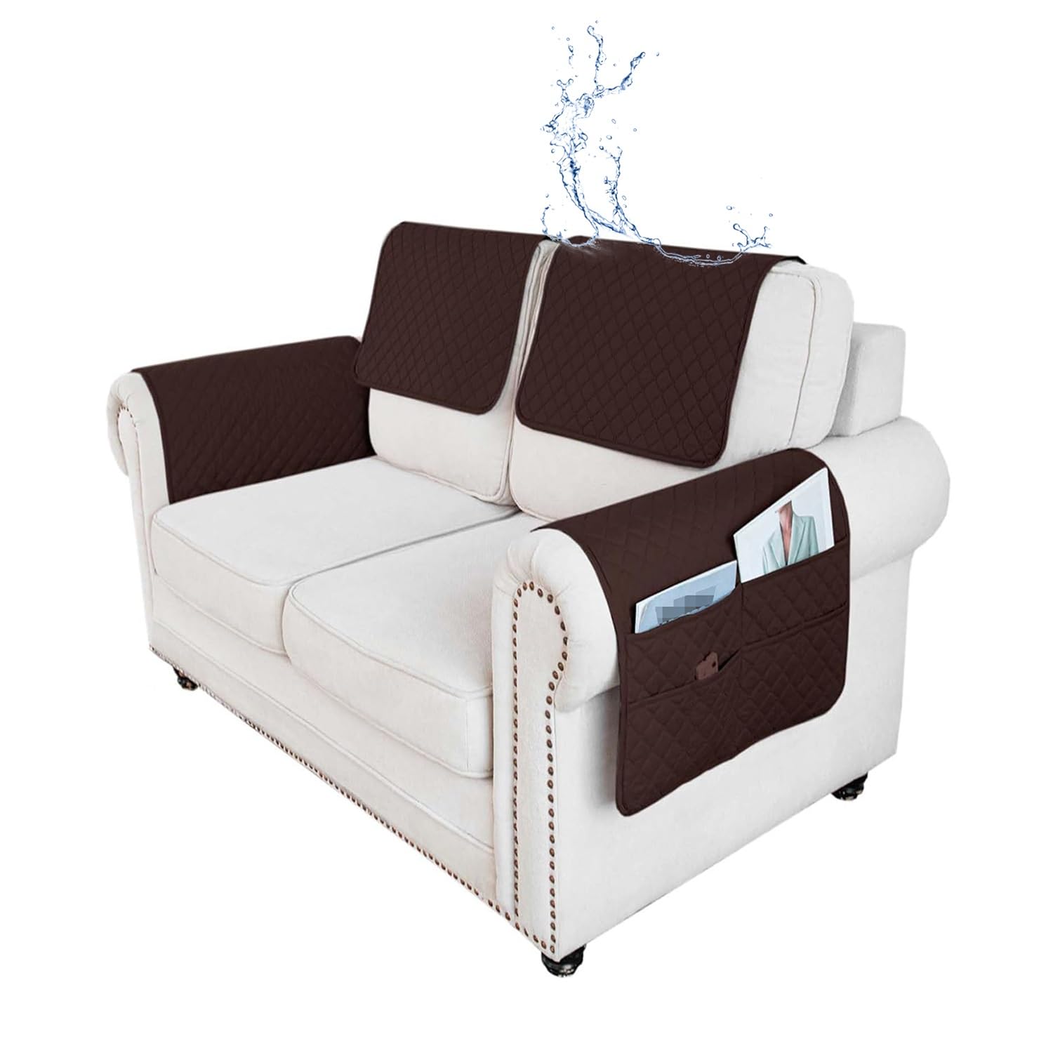ILiemao 3 or 4 or 5 Pieces Sofa Headrest Cover for Recliner Chair with Storage Pockets Non Slip Armrest Cover Fuzzy Couch Cover Washable Furniture Protector(F4,4 piece set)