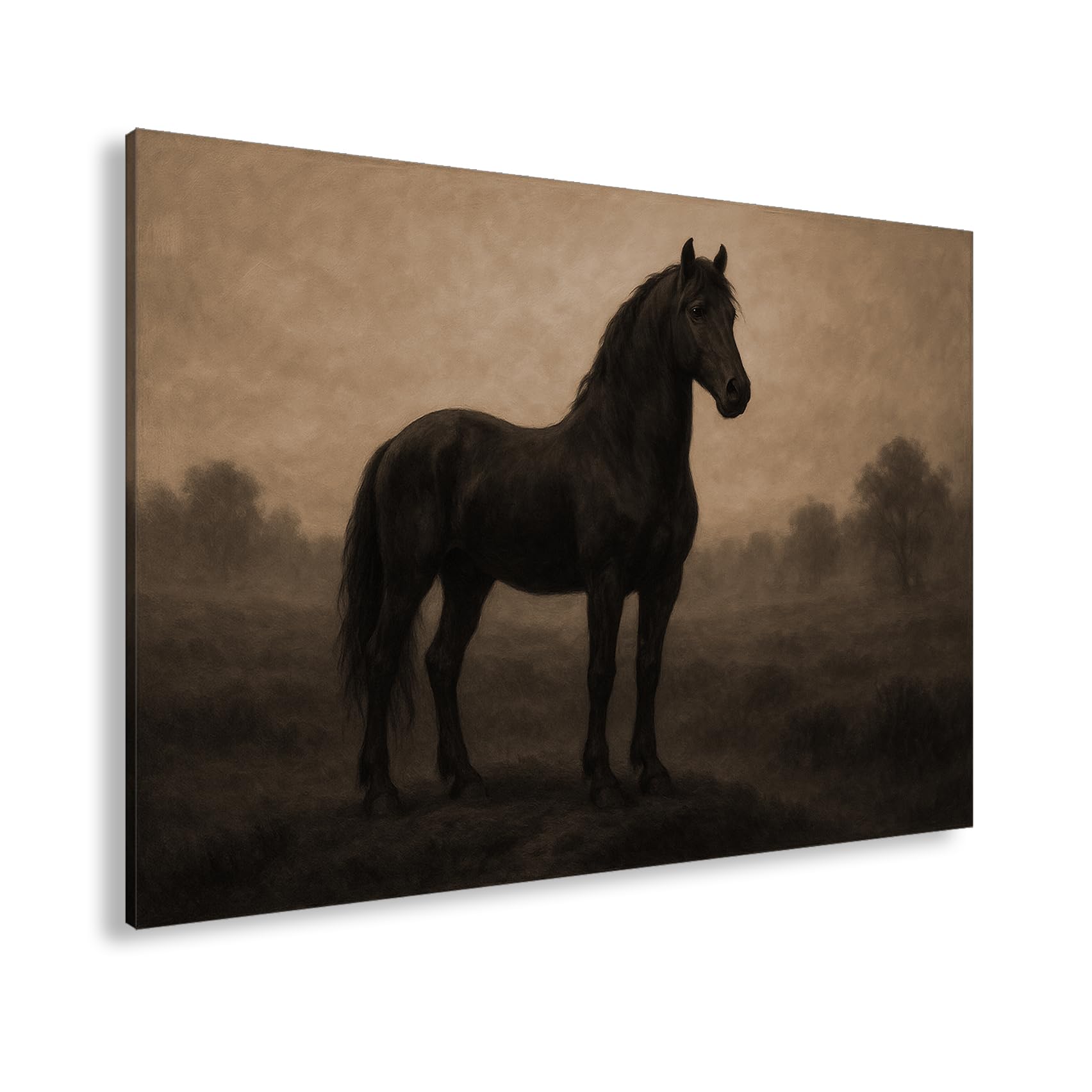 deyoli Obraz na płótnie ciemny koń na mglistej polanie 80 x 60 cm Sepia