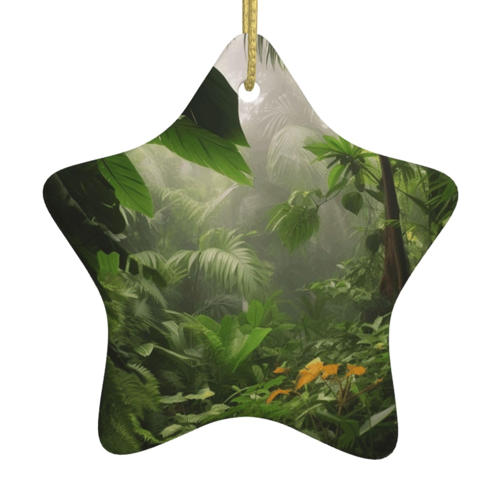 Ceramic Christmas Tree Hanging Ornaments with Gold Ropes Christmas Tree Decorations Star Ceramic Tropical Rainforest Jungle Scene Pendant Keepsake Decorations for Holiday Xmas Gift Ideas
