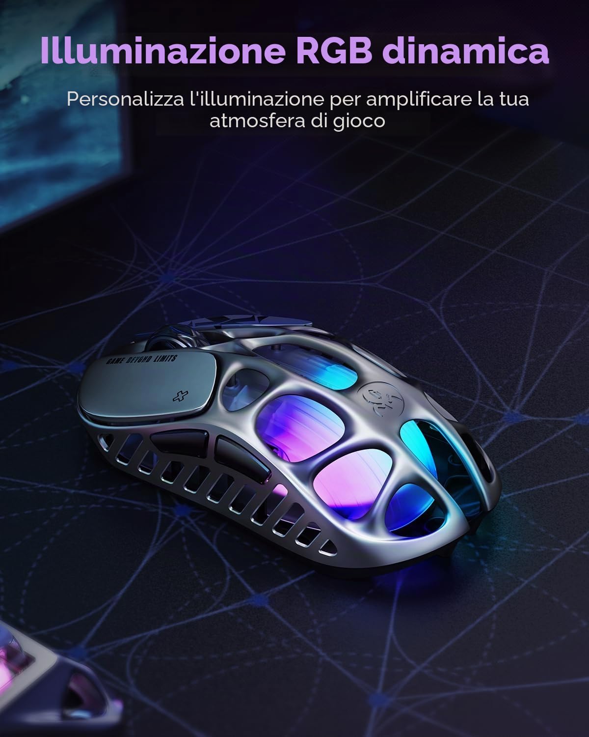 GravaStar Mouse da gioco wireless Mercury X Pro, dotato di dongle 8K, sensore PAW 3950 da 32.000 DPI, frequenza di polling di 8.000 Hz, solo 49 g, telaio cavo in lega di magnesio, illuminazione RGB, 5